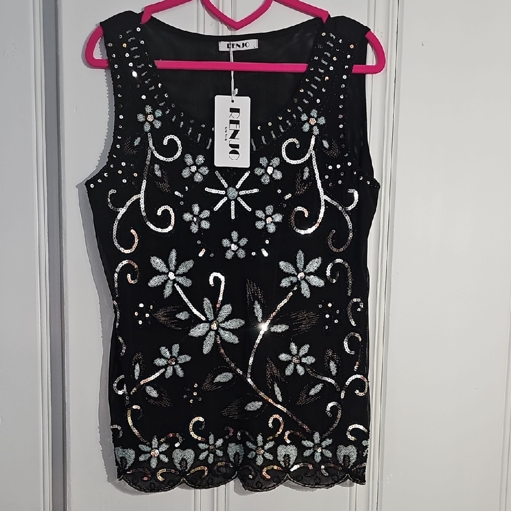 Black Sequin Tank Top with Floral Design